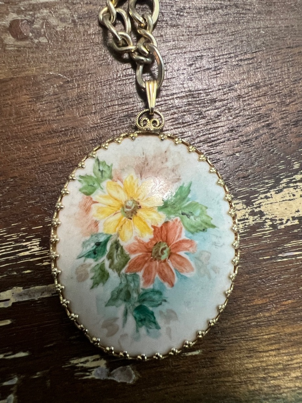 Hand-Painted Floral Porcelain Pendant Necklace in Yellow & Orange -Vintage